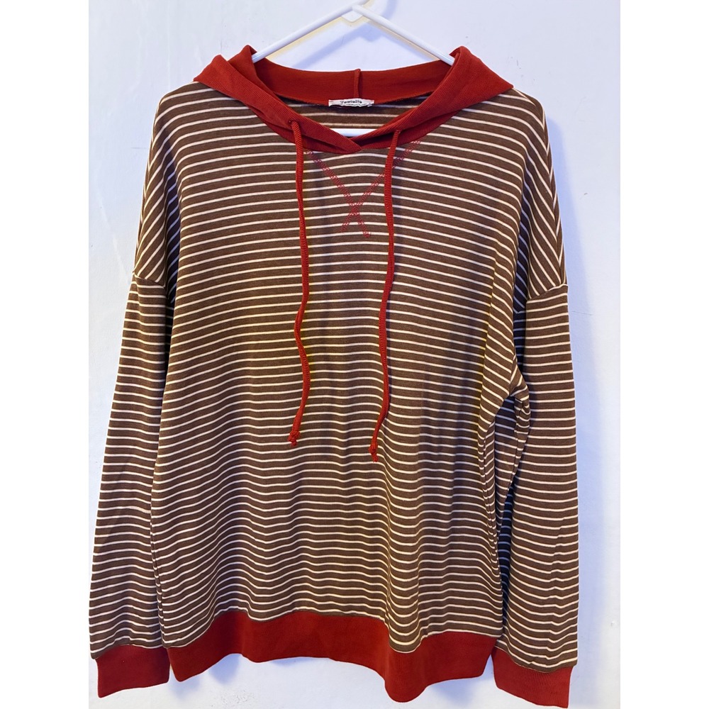 Youtalia Brown Striped Hoodie Red Trim Contrast Drawstring Pullover Medium